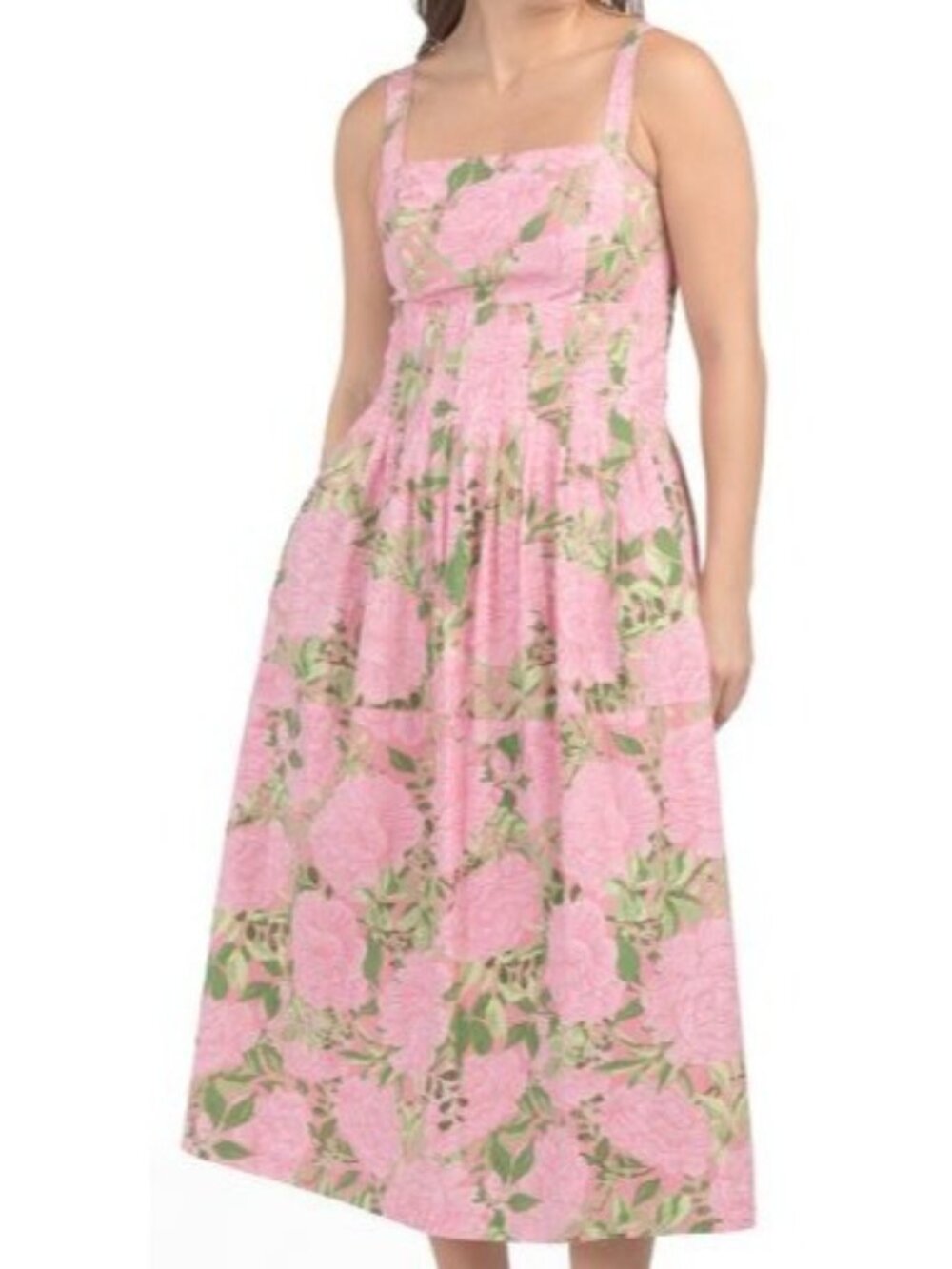 LEA Women LG Sleeveless Smocked Pleated Waist Floral Midi Dress Cottage Feminine